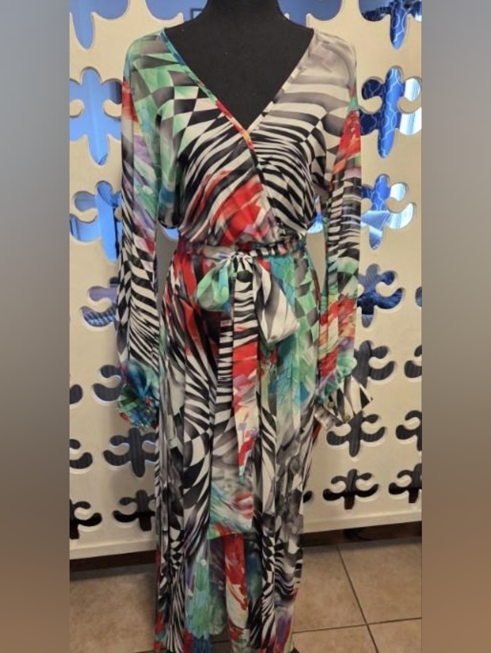 Colorful Abstract Print Wrap Maxi Dress